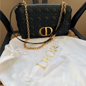 Dior Black Quilted Shoulder Caro Bag with Gold Accents